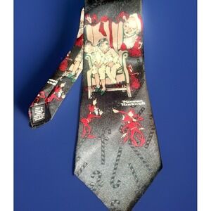 Hallmark Yule Christmas Neck Tie Norman Rockwell Santa- candy canes- Red & Black